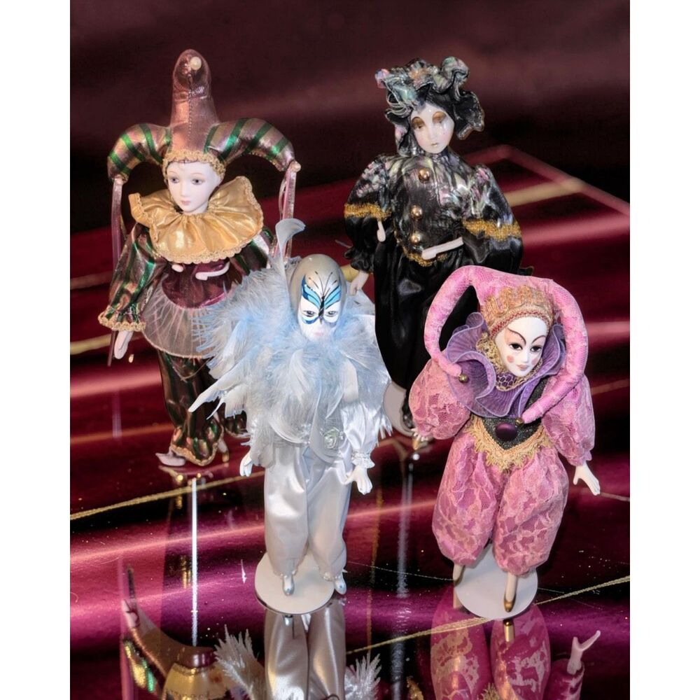 4 Harlequin Porcelain Clown Jester Doll Hands Feet Hand Painted Art W/ Stand 18"
